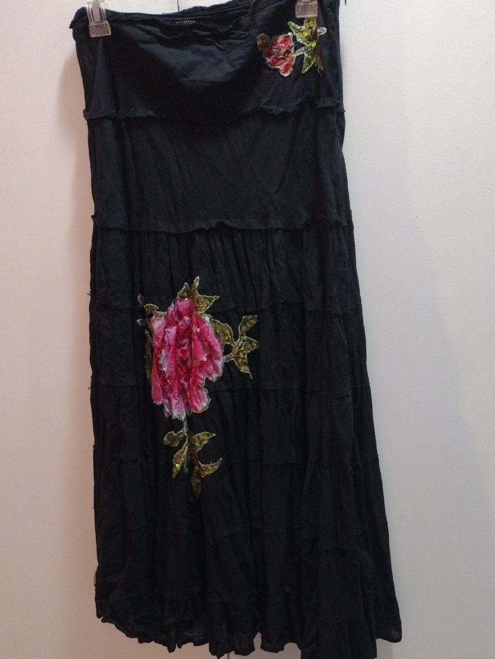 Tokyo Denim Cottagecore Black Maxi Skirt with Pink Floral Appliqués Small